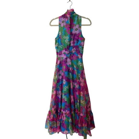 Vintage Floral Maxi Dress Size Small Pink Blue Ruffle Trim High Neck Tiered - Picture 15 of 16